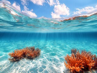 Sunlit underwater paradise showcasing vibrant coral reefs in crystal clear waters, inviting exploration and wonder. Generative AI