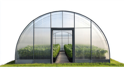 Fototapeta premium Agricultural greenhouse with plantation inside. Blue sky day. Isolated on pure white.