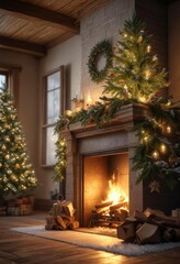 Softly lit fireplace with a Christmas tree in front of it and snowflakes falling around, snowflakes, serene landscape, festive atmosphere