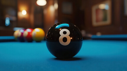 shiny black number 8 billiard ball is centered on pool table, with colorful balls blurred in background, creating focused and dramatic atmosphere