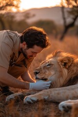 Naklejka premium A veterinarian carefully treating a lion in the wild, showcasing compassion and wildlife conservation efforts in a safari setting. Ideal for wildlife care promotions, veterinary services, and animal c