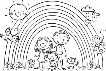 Happy cartoon family under the rainbow. Black and white illustration, coloring page for kids