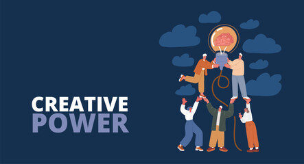 Cartoon vector illustration of a group of people holding a lightbulb with a brain inside, representing shared creativity and innovative ideas over dark background