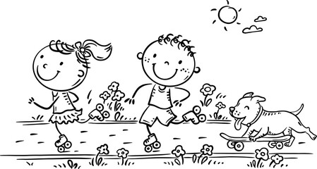 Happy little kids roller skating in the park. Outline cartoon children playing outdoors together, summer activity
