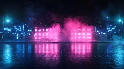 Naklejka premium Pink and Blue Neon Lights Reflecting on Wet City Street at Night