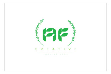 AF letters eco logo with leaf. Fresh nature and healthy leaf logo design.