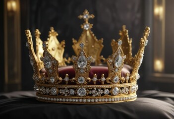 Sparkling diamond encrusted gold crown on a velvet pillow , regal adornment, luxurious fabric, opulent crown