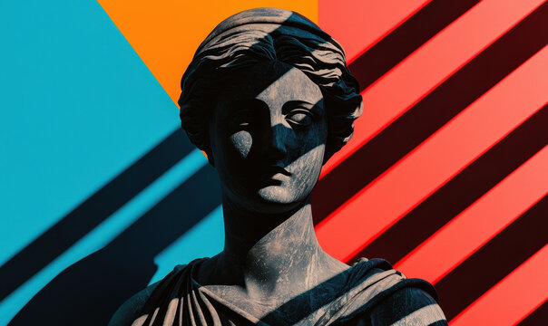 Classical Sculpture Amidst Bold Modern Colors and Geometric Shadows Highlighting Cultural Elegance - Powered by Adobe