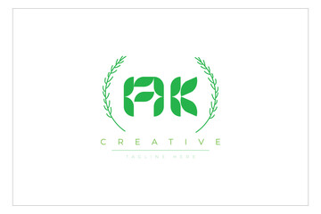 AK letters eco logo with leaf. Fresh nature and healthy leaf logo design.