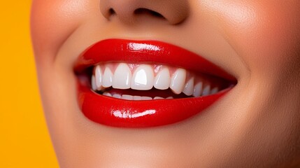 Obraz premium A close-up of a smiling woman with bright red lips and white teeth against a vibrant yellow background.