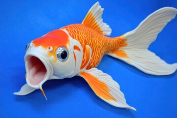 A vibrant orange and white koi fish figurine with its mouth open, set against a bright blue background.