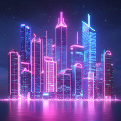 Fototapeta premium Neon Metropolis: A mesmerizing futuristic cityscape, with towering skyscrapers and buildings outlined in vibrant neon lights, reflected in the calm water.