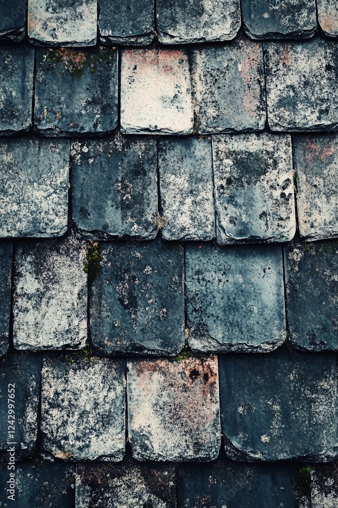 Poster old slate roof tiles showing weathering and decaying from age