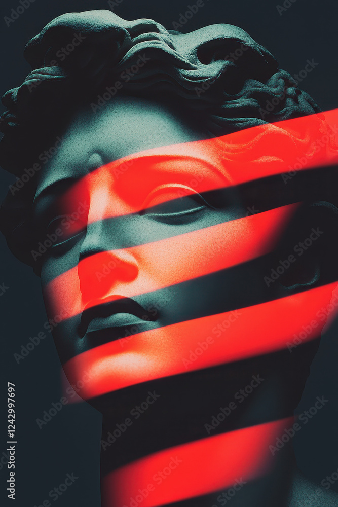 Poster dramatic modern sculpture with red light illumination creating abstract and bold visual contrasts