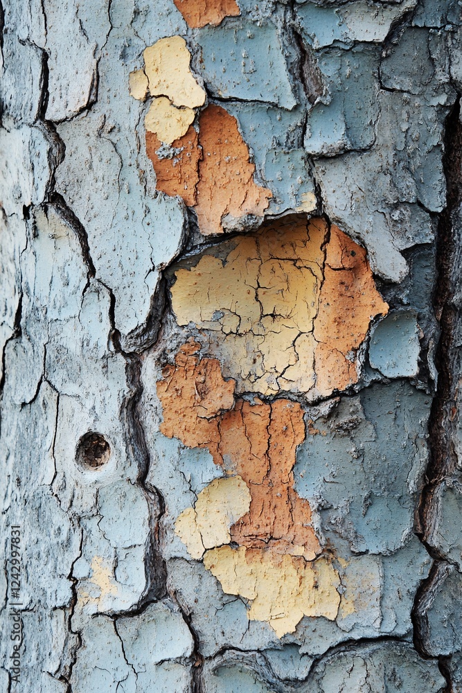 Poster closeup of colorful peeling paint on tree trunk texture