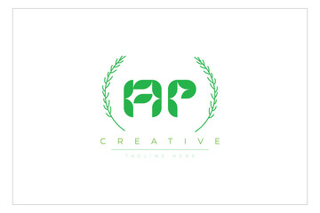 AP letters eco logo with leaf. Fresh nature and healthy leaf logo design.