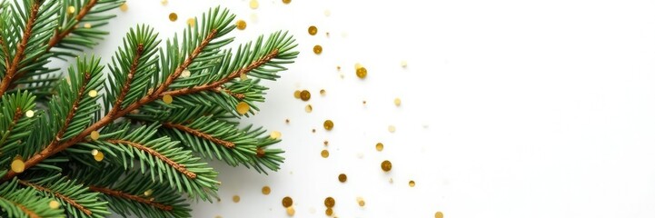 Pine tree branch arrangement with realistic golden confetti on white background, golden confetti, white background