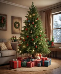 pine tree in a cozy living room with a few presents under it and some holly nearby, pine tree, seasonal, presents