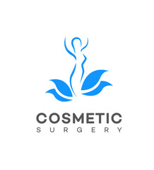 Cosmetic Surgery Clinic Logo Woman Silhouette, Leaves, Blue Design