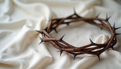 Fototapeta premium Crown of thorns resting on linen cloth, symbolism of sacrifice