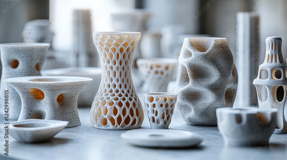 Poster a collection of intricately designed ceramic vases and bowls displayed on a table with soft lighting