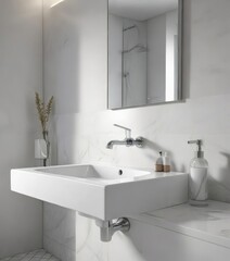Fototapeta premium Polished white vanity sink with sleek silver tap in contemporary public toilet, contemporary, convenience
