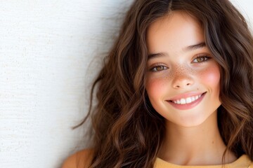 Fototapeta premium A smiling girl with wavy hair poses against a neutral wall, exuding warmth and joy, perfect for a portrait or lifestyle shot.
