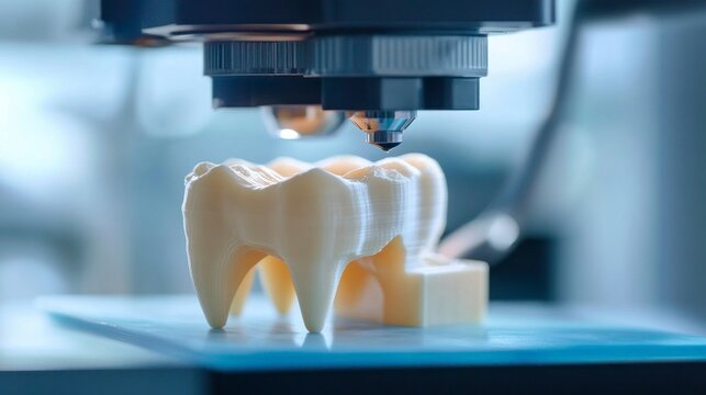 High-tech dental printer creates tooth model modern laboratory 3d printing professional environment close-up view innovation