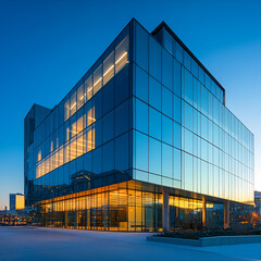 Modern Office Building at Dusk: Capturing the contemporary design of a sleek, glass-clad office building at twilight.