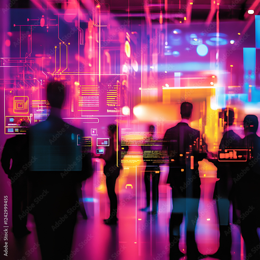 Poster digital realm: business people navigate a dynamic digital interface, creating a futuristic office en
