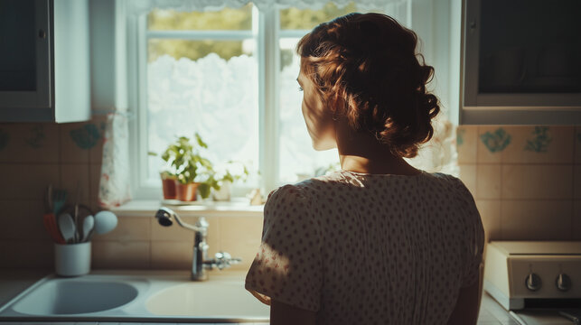 A retro vintage style housewife or tradwife, cinematic lighting in a vintage kitchen setting. She appears sad and isolated. Wide landscape format 16:9 with copy space