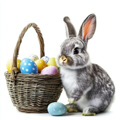 Adorable Gray Bunny with Easter Eggs in a Basket