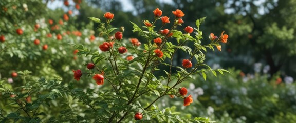 Rosehip sprig in a garden amidst other flowers and foliage , nature, rosehip, greenery