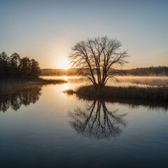 Obraz premium A glowing sunrise over a serene lake, the reflection shimmering against a pure white backdrop.