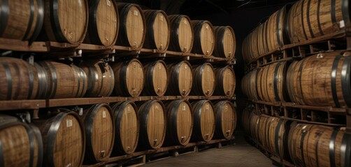 Rows of whisky barrels aging at the traditional distillery, oak, warehouse, storage, aging