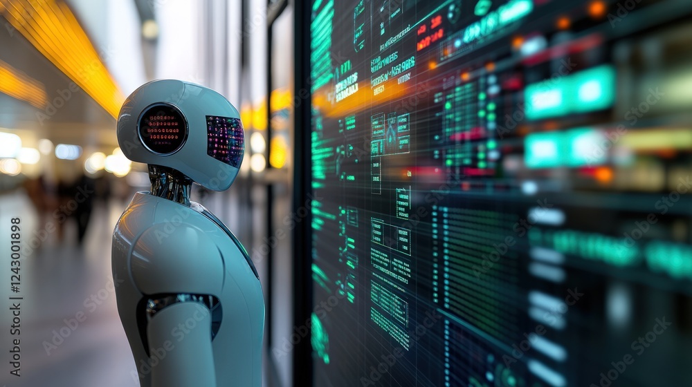 Poster futuristic robot analyzing data on a giant screen