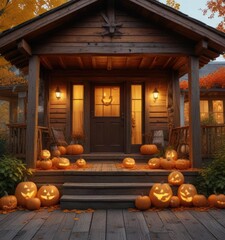 Obraz premium Rustic wooden house porch with several glowing jack-o-lanterns, autumn leaves, and natural surroundings, autumn leaves,