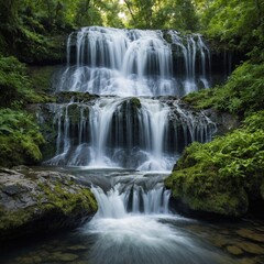 Obraz premium A crystal-clear waterfall cascading down, surrounded by vibrant greenery, floating against a pure white backdrop.