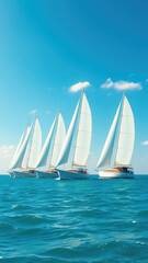 Fototapeta premium Sailing yachts in formation in front of a fleet of ships at sea, nautical, travel, water, fleet