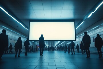 A large white blank billboard is prominently displayed at a subway station, illuminated against the motion blur of a passing train. The clean advertising space provides a perfect mockup for branding, 