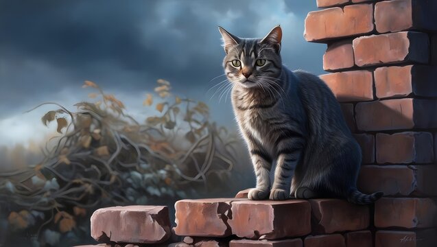 stray cat sits on brick wall, gazing into distance with concerned expression. background features moody sky and overgrown foliage, creating sense of danger