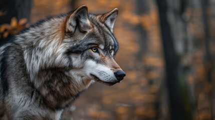 Fototapeta premium majestic wolf with piercing eyes stands alert autumn forest, surrounded by vibrant orange and brown foliage. wolf fur is mix of gray, white, and black, blending harmoniously with natural