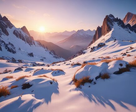 Schneebedeckte Berge am Wintermorgen mit Morgenschein, H?gel, nass, licht