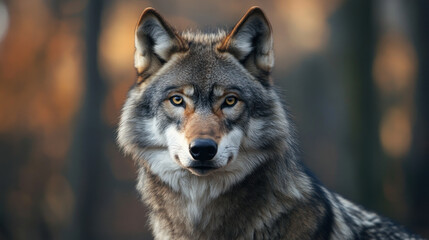Fototapeta premium majestic wolf stands in forest, its piercing eyes and thick fur highlighted by soft, warm light filtering through trees. serene yet powerful presence of wolf is captivating