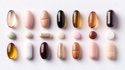 Obraz premium A variety of capsules, tablets, and vitamins neatly arranged on a white background, showcasing a wide range of dietary supplements and pharmaceutical products. The colorful shapes and textures symboli