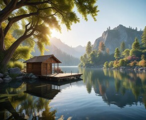 Obraz premium serene lake scene with a small wooden boat house and calm water, serenity, scenery