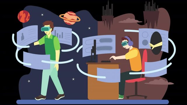 Illustrate metaverse themes with this 2D flat character animation scene, perfect for futuristic and tech-related content.