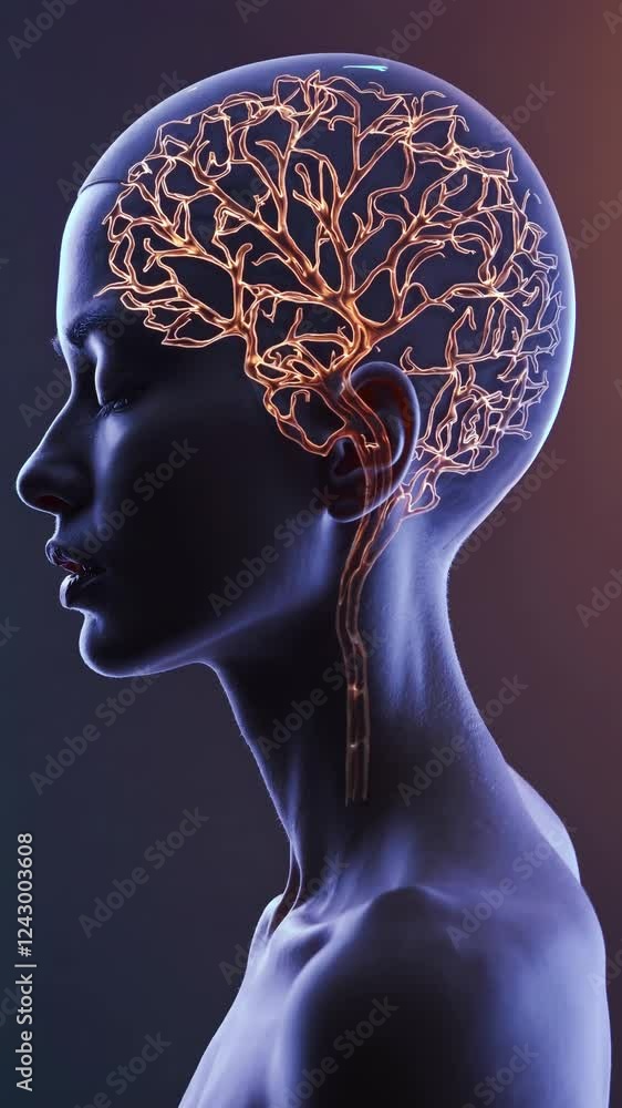 Poster a surreal profile of a woman with a glowing translucent head filled with branching neural patterns in warm orange tones.