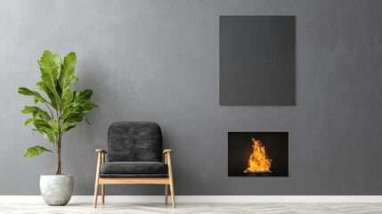 Modern living room with fireplace, armchair, and plant