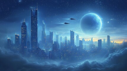Grand Space Hub, surrounded by cosmic structures, evokes a floating city in space